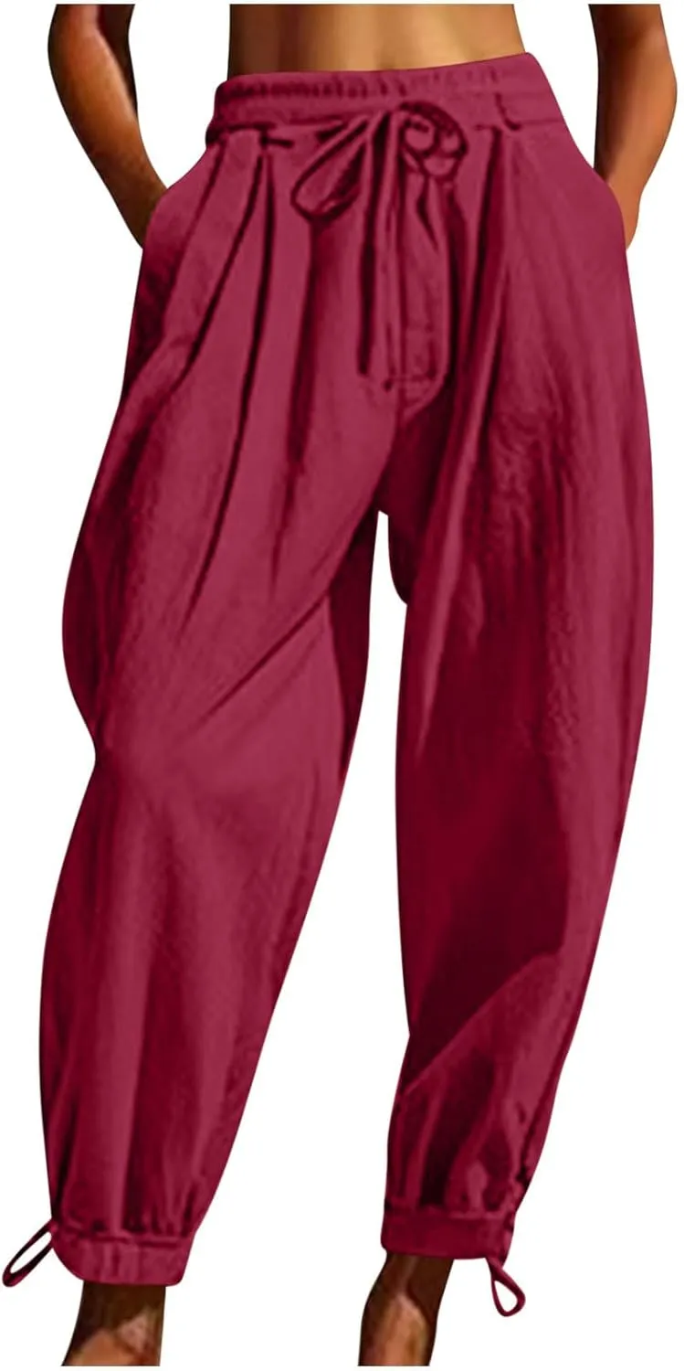 Women Baggy Draped Jogger Pants Summer Cotton Linen High Waisted Crop Tapered Pants Casual Drawstring Trousers with Pockets