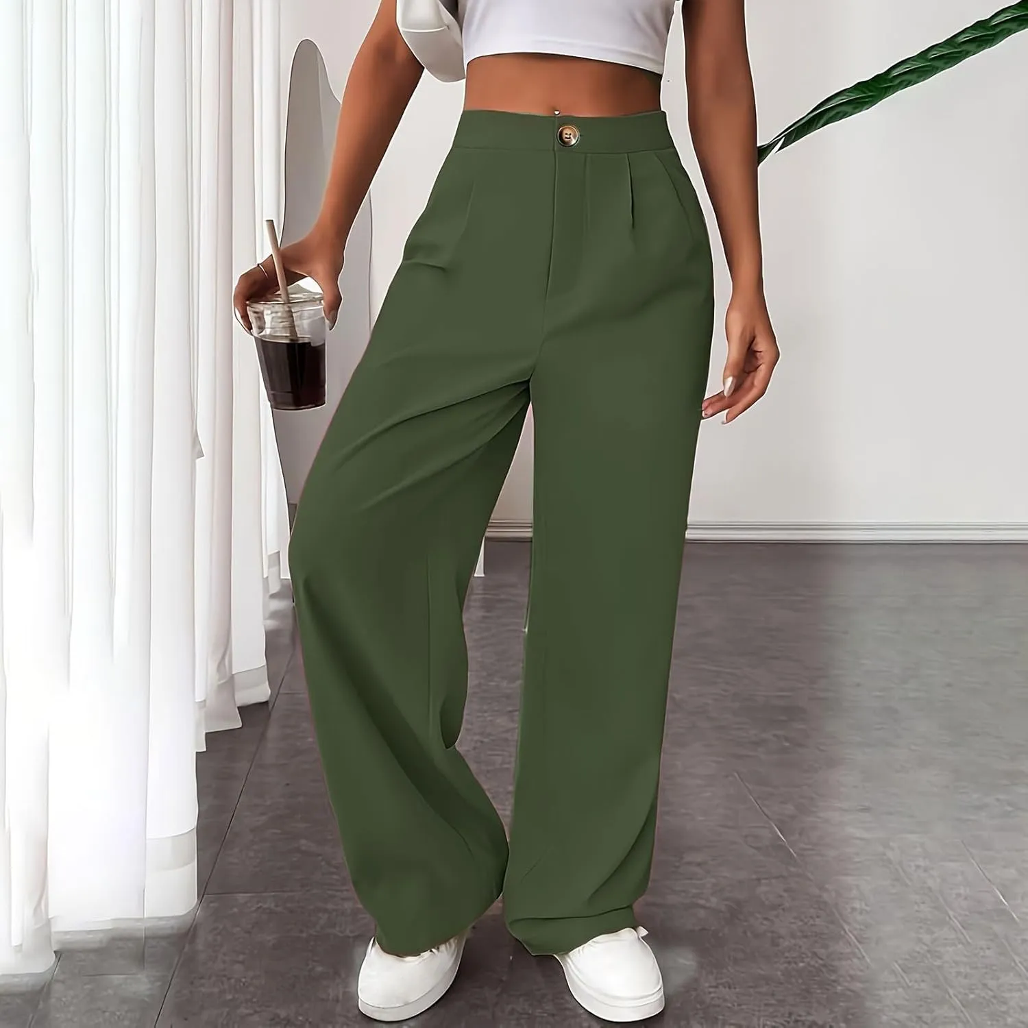 Women Casual High Waist Suit Pants Business Work Trousers Dressy Stretchy Pants Straight Suits Pants Wide Leg Pant