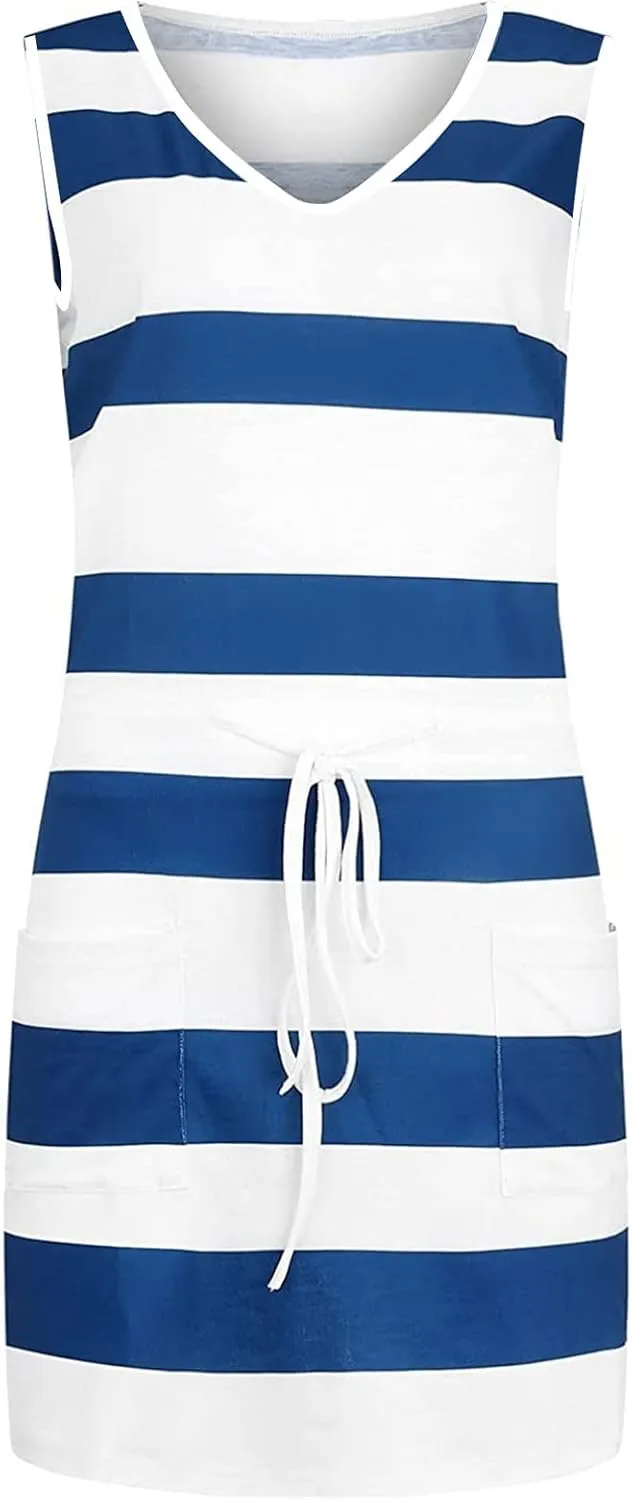 Women Casual Stripe Sundress V-Neck Sleeveless Beach Mini Dress Loose Drawstring Waist Short Dresses with Pockets