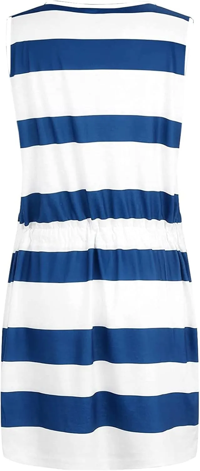 Women Casual Stripe Sundress V-Neck Sleeveless Beach Mini Dress Loose Drawstring Waist Short Dresses with Pockets