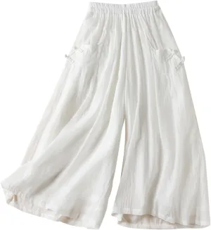 Women Chinese Frog Button Trim Cotton Linen Palazzo Trousers Summer Fashion Casual Elastic High Waist Wide Leg Pants