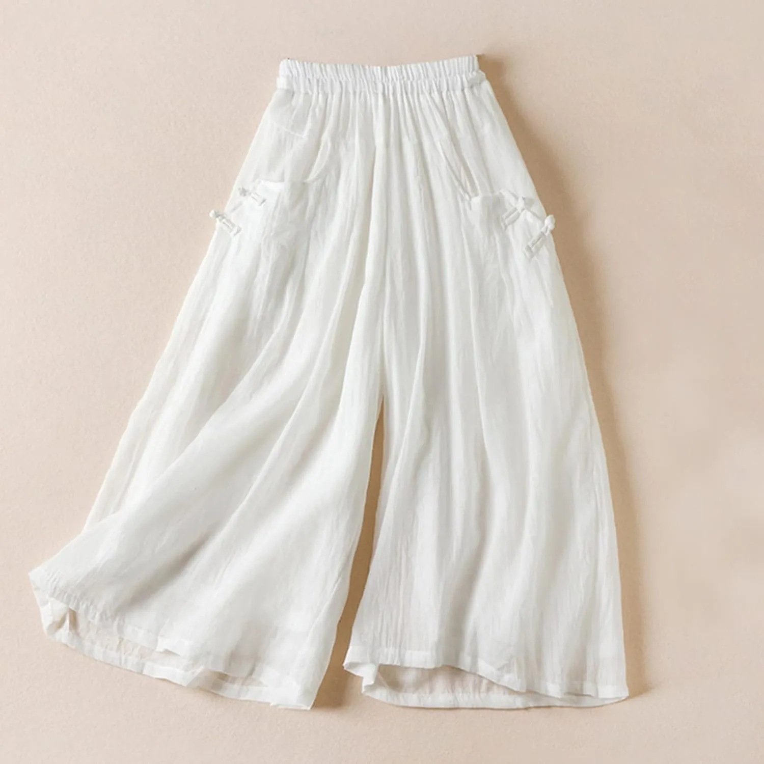 Women Chinese Frog Button Trim Cotton Linen Palazzo Trousers Summer Fashion Casual Elastic High Waist Wide Leg Pants
