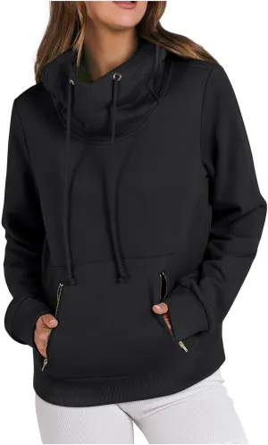 Women Cowl Neck Hoodies Fall Fleece Drawstring Sweatshirts Casual Long Sleeve Hooded Pullover Zipper Kangaroo Pocket