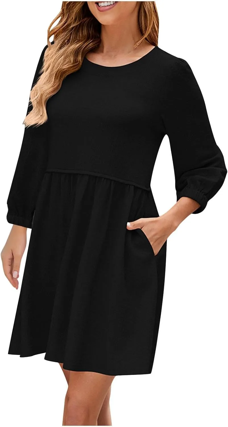 Women Dresses Spring Fall Tunic Dress V Neck Ruffle Long Sleeve High Waist A-Line Tiered Swing Mini Babydoll Dresses