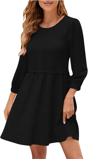 Women Dresses Spring Fall Tunic Dress V Neck Ruffle Long Sleeve High Waist A-Line Tiered Swing Mini Babydoll Dresses