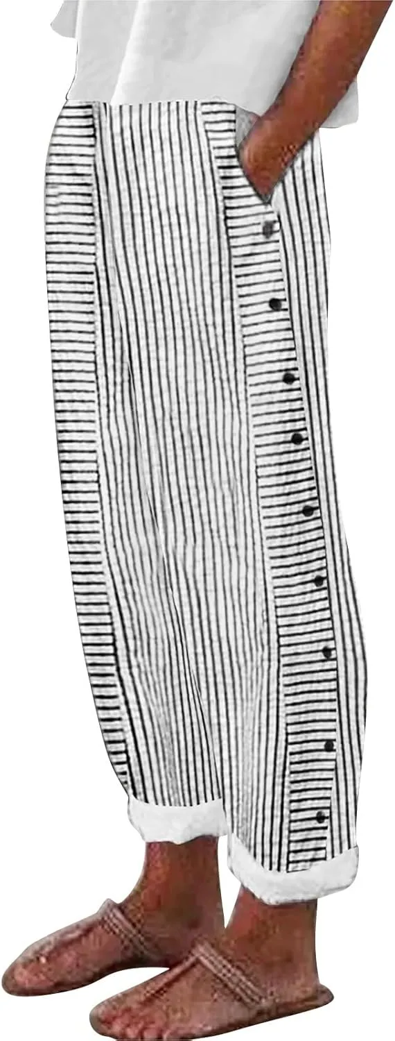 Women Fashion Striped Linen Pants Casual High Waist Capri Straight Leg 2025 Spring Summer Trousers with Pockets