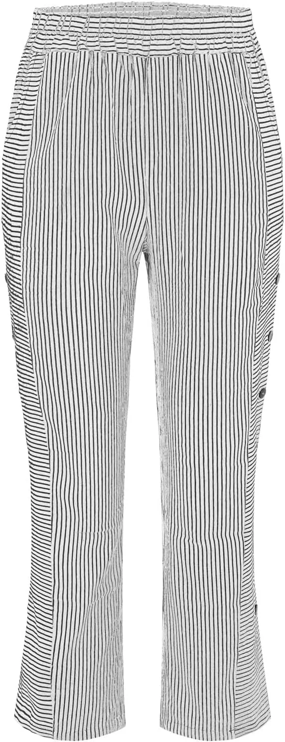Women Fashion Striped Linen Pants Casual High Waist Capri Straight Leg 2025 Spring Summer Trousers with Pockets