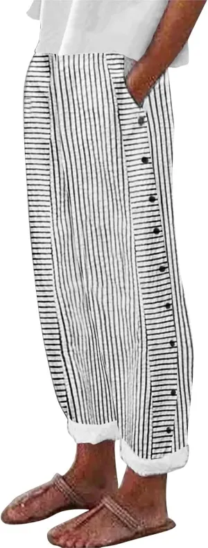 Women Fashion Striped Linen Pants Casual High Waist Capri Straight Leg 2025 Spring Summer Trousers with Pockets