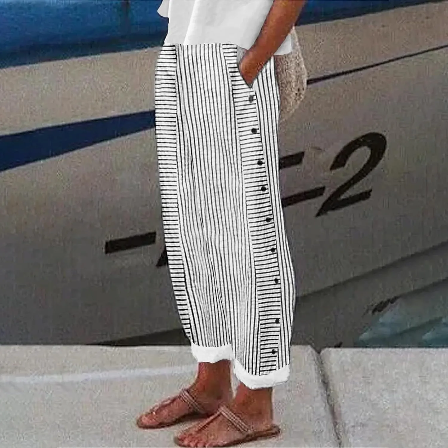 Women Fashion Striped Linen Pants Casual High Waist Capri Straight Leg 2025 Spring Summer Trousers with Pockets