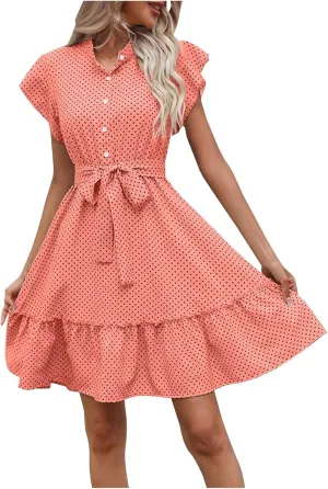 Women Floral Mini Dress Sexy V Neck Ruffle Sleeve Polka Dot Summer Dresses Summer Swiss Dot Flowy Short Mini Sundress