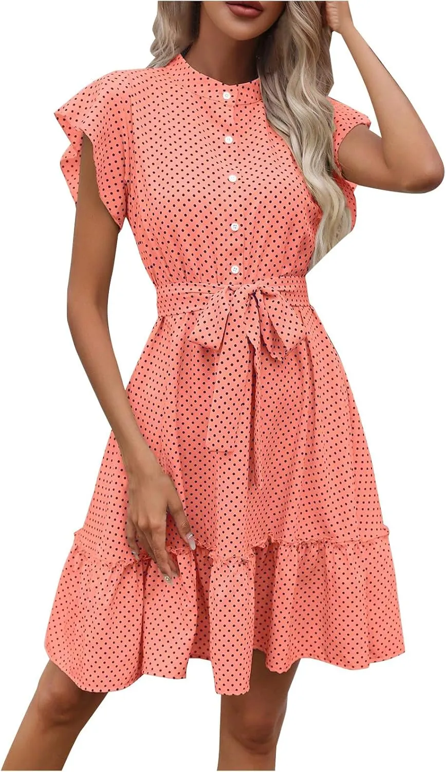 Women Floral Mini Dress Sexy V Neck Ruffle Sleeve Polka Dot Summer Dresses Summer Swiss Dot Flowy Short Mini Sundress