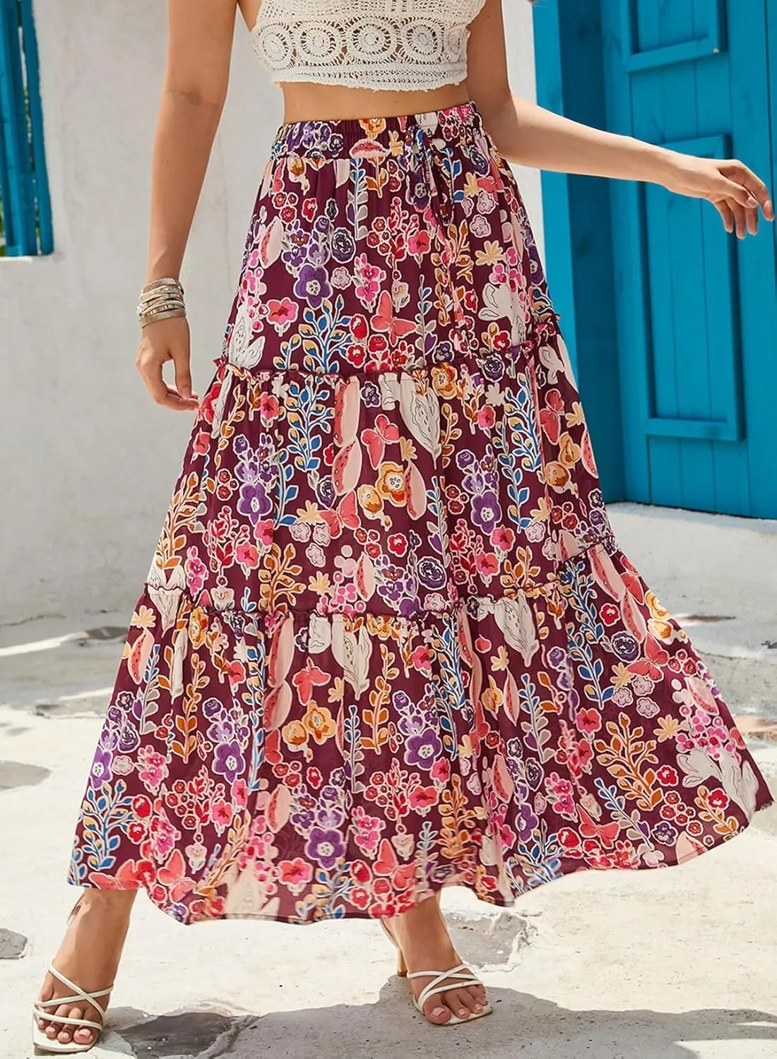 Women Flowy Boho Maxi Skirt Floral Print Pleated Ruffle Casual Long Skirt Beachwear Aesthetic Clothes