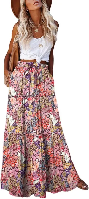 Women Flowy Boho Maxi Skirt Floral Print Pleated Ruffle Casual Long Skirt Beachwear Aesthetic Clothes