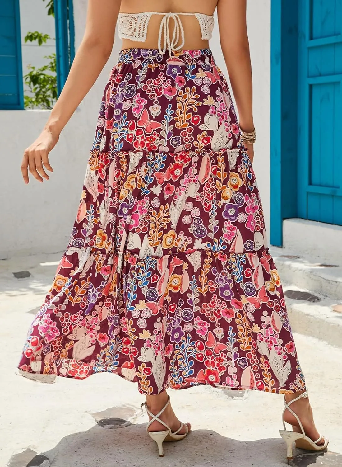 Women Flowy Boho Maxi Skirt Floral Print Pleated Ruffle Casual Long Skirt Beachwear Aesthetic Clothes