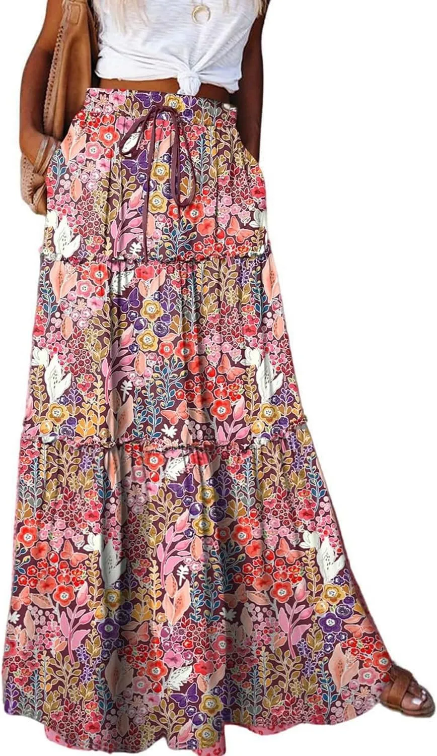 Women Flowy Boho Maxi Skirt Floral Print Pleated Ruffle Casual Long Skirt Beachwear Aesthetic Clothes