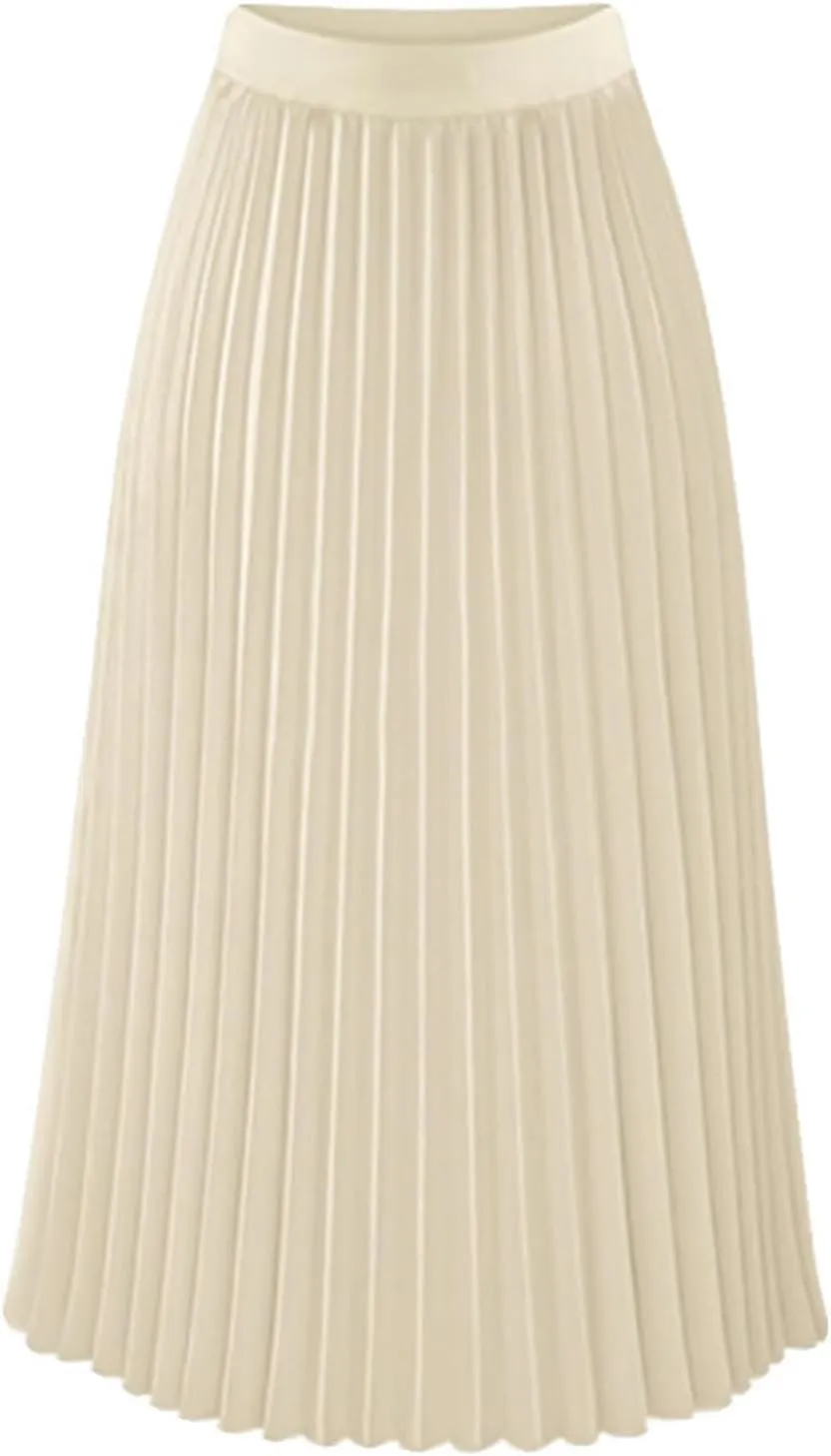 Women High Elastic Waist Pleated Chiffon Skirt Midi Swing Flare Casual A-line Skirts Pleated Midi Skirts for Women