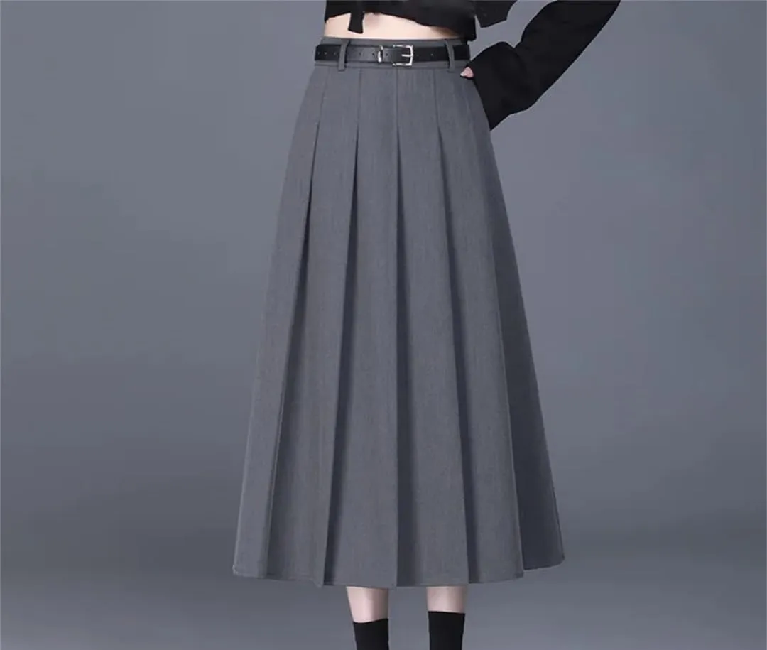 Women High Waisted Belt Skirt Office Pleated Midi Skirt