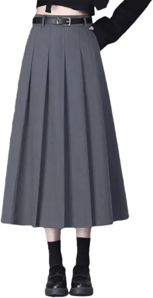 Women High Waisted Belt Skirt Office Pleated Midi Skirt