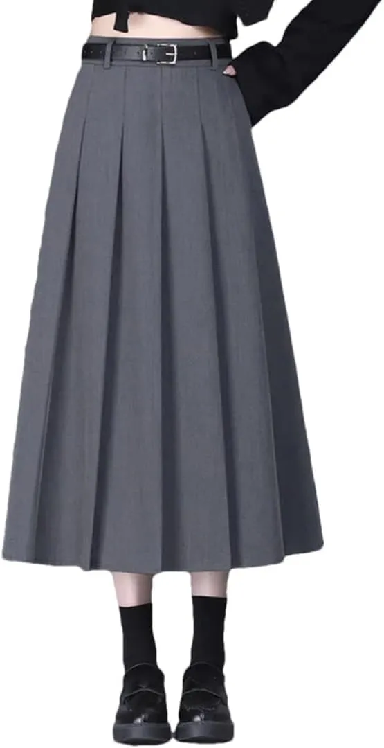 Women High Waisted Belt Skirt Office Pleated Midi Skirt