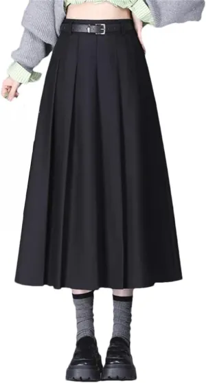 Women High Waisted Belt Skirt Office Pleated Midi Skirt