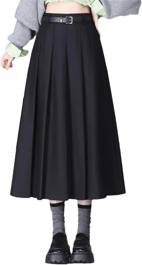 Women High Waisted Belt Skirt Office Pleated Midi Skirt