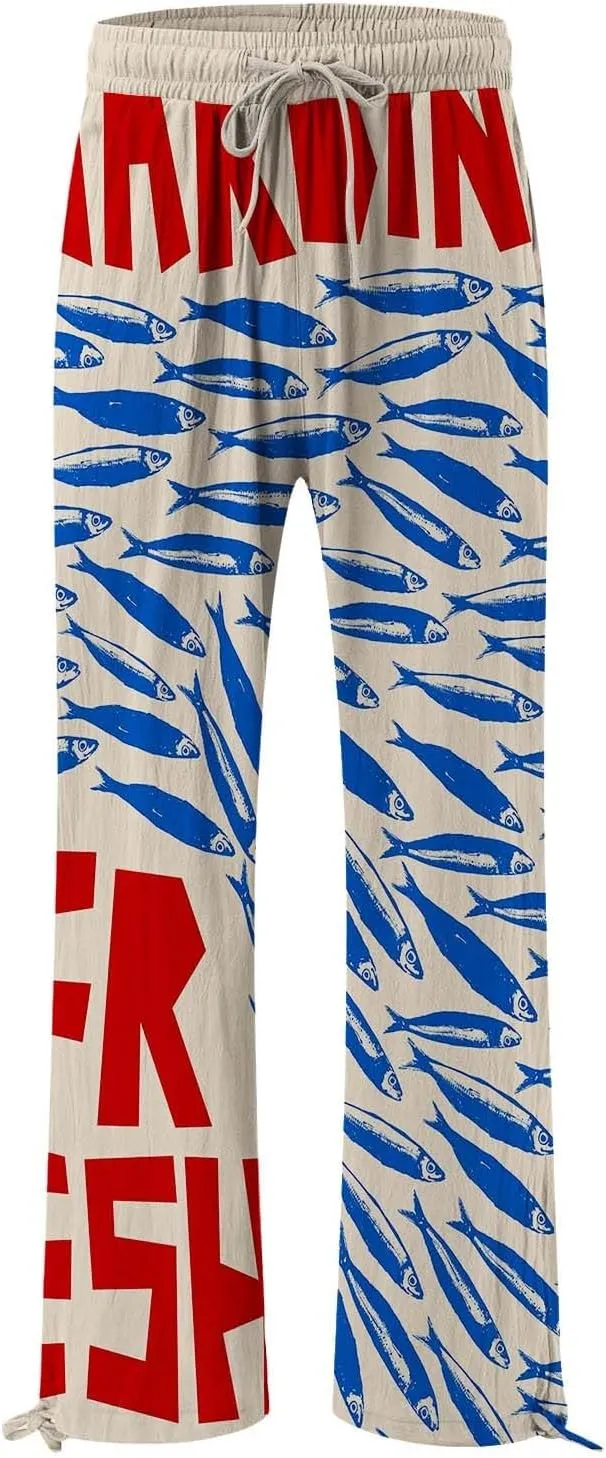 Women High Waisted Cotton Linen Palazzo Pants Dog Fish Graphic Wide Leg Long Lounge Pant Trousers with Pocket
