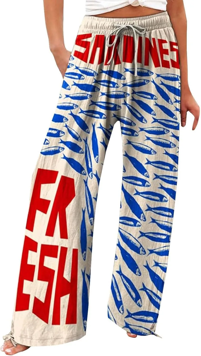 Women High Waisted Cotton Linen Palazzo Pants Dog Fish Graphic Wide Leg Long Lounge Pant Trousers with Pocket