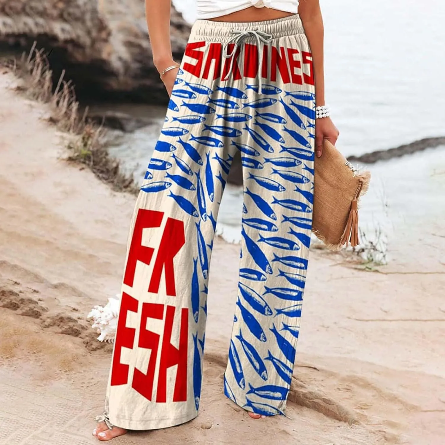 Women High Waisted Cotton Linen Palazzo Pants Dog Fish Graphic Wide Leg Long Lounge Pant Trousers with Pocket