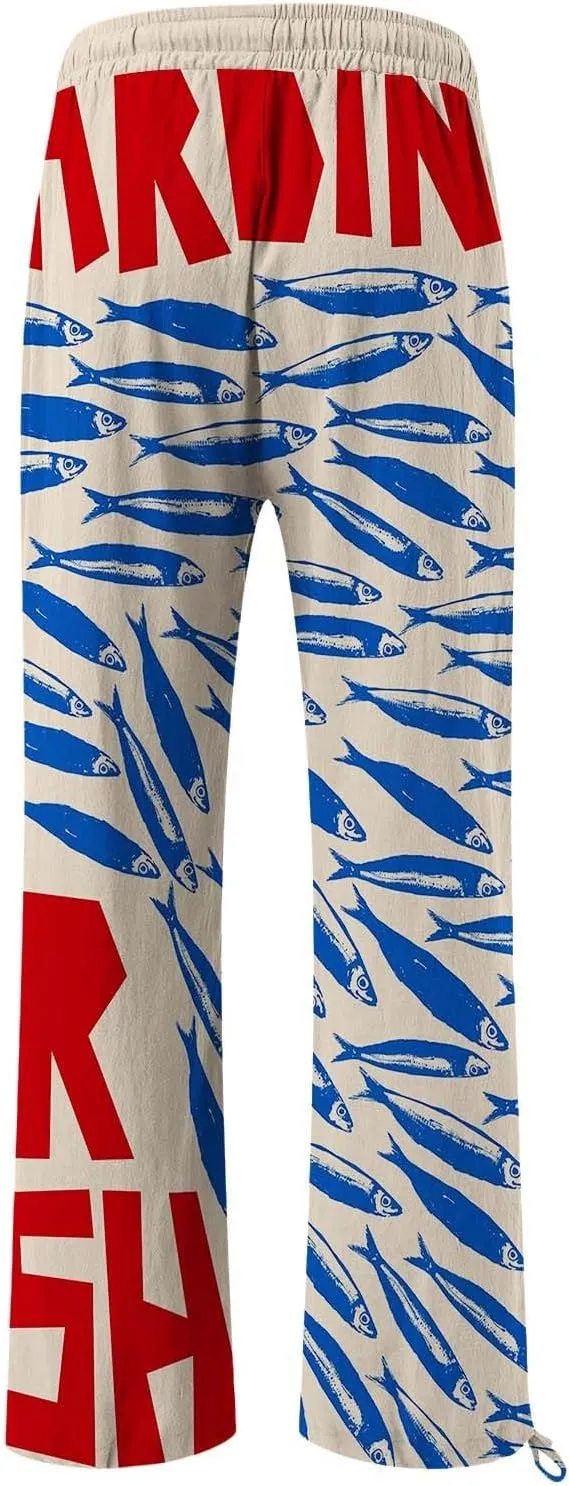 Women High Waisted Cotton Linen Palazzo Pants Dog Fish Graphic Wide Leg Long Lounge Pant Trousers with Pocket
