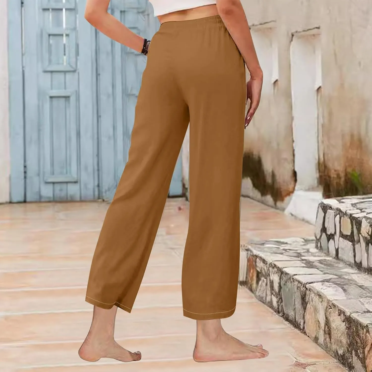 Women High Waisted Linen Pants Petite Summer Casual Pants Drawstring Straight Plus Size Lounge Trousers