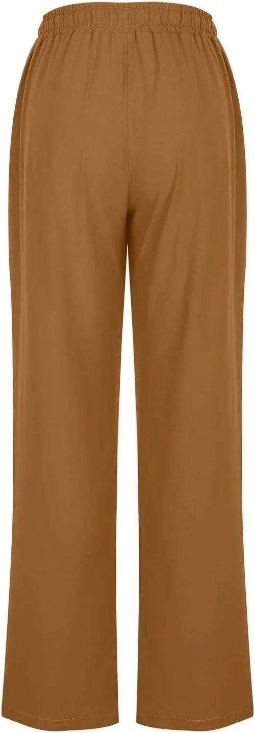 Women High Waisted Linen Pants Petite Summer Casual Pants Drawstring Straight Plus Size Lounge Trousers
