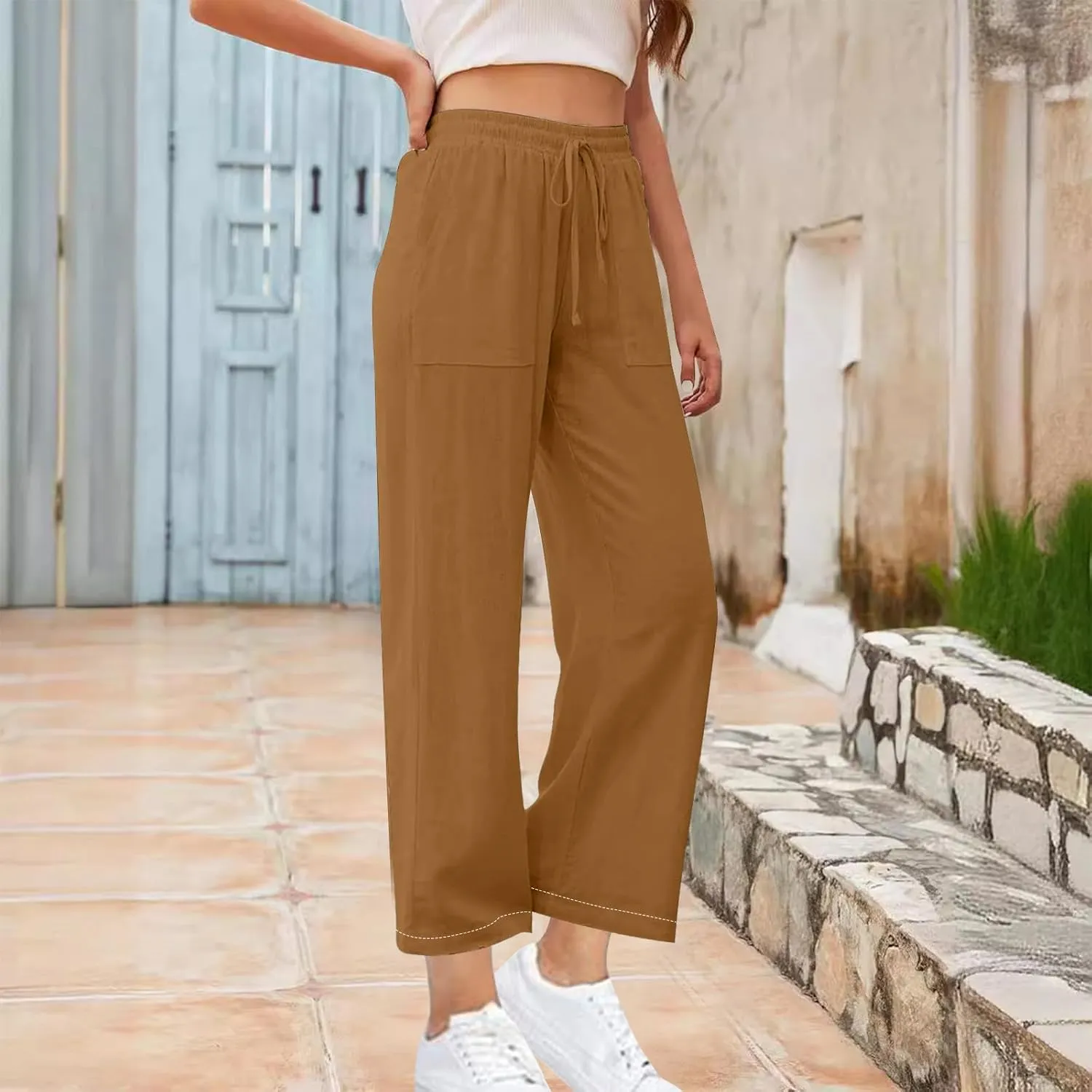 Women High Waisted Linen Pants Petite Summer Casual Pants Drawstring Straight Plus Size Lounge Trousers