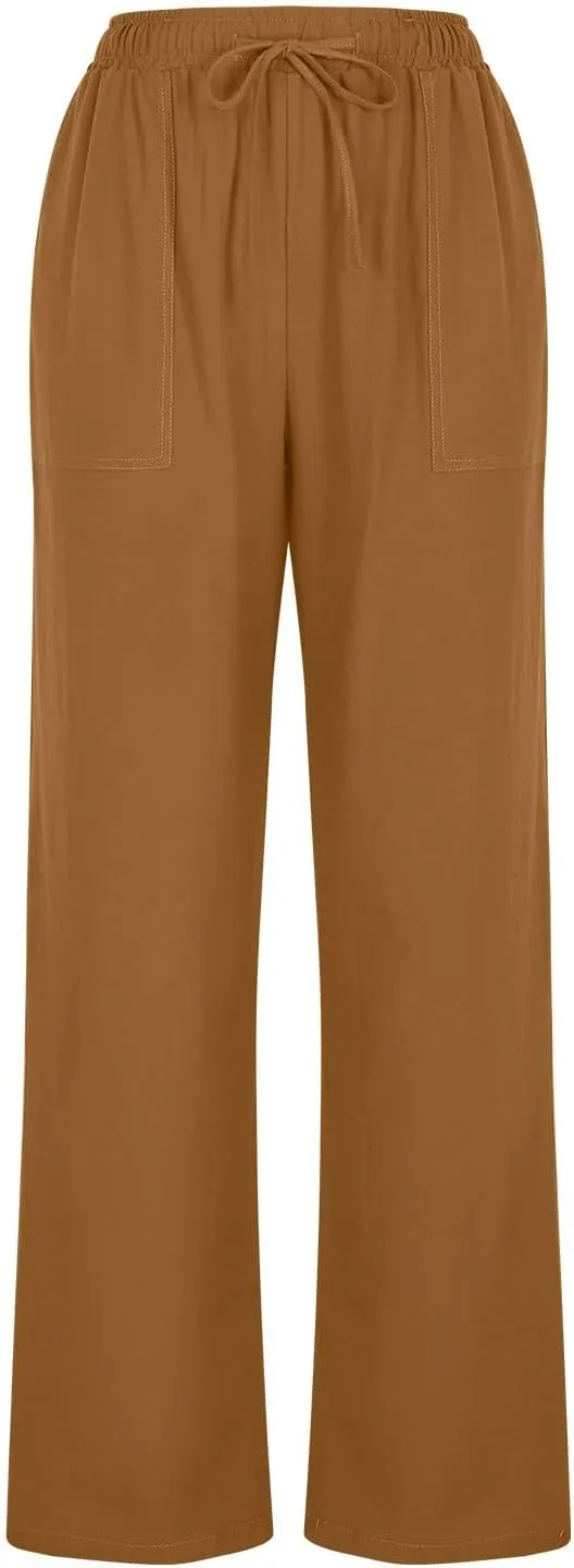 Women High Waisted Linen Pants Petite Summer Casual Pants Drawstring Straight Plus Size Lounge Trousers