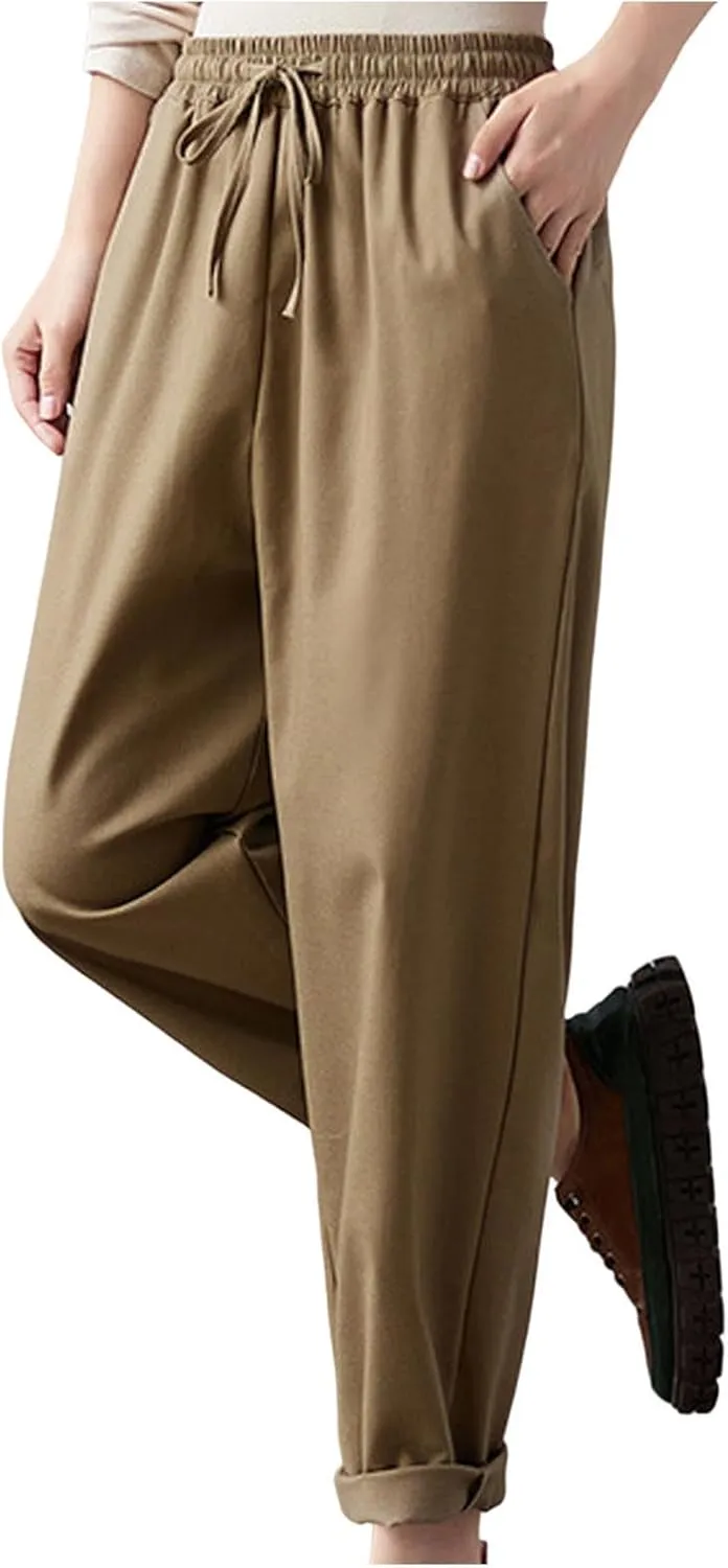Women High Waisted Pants Linen Wide Leg Pants Elastic Waist Drawstring Casual Pant Summer Lounge Trousers