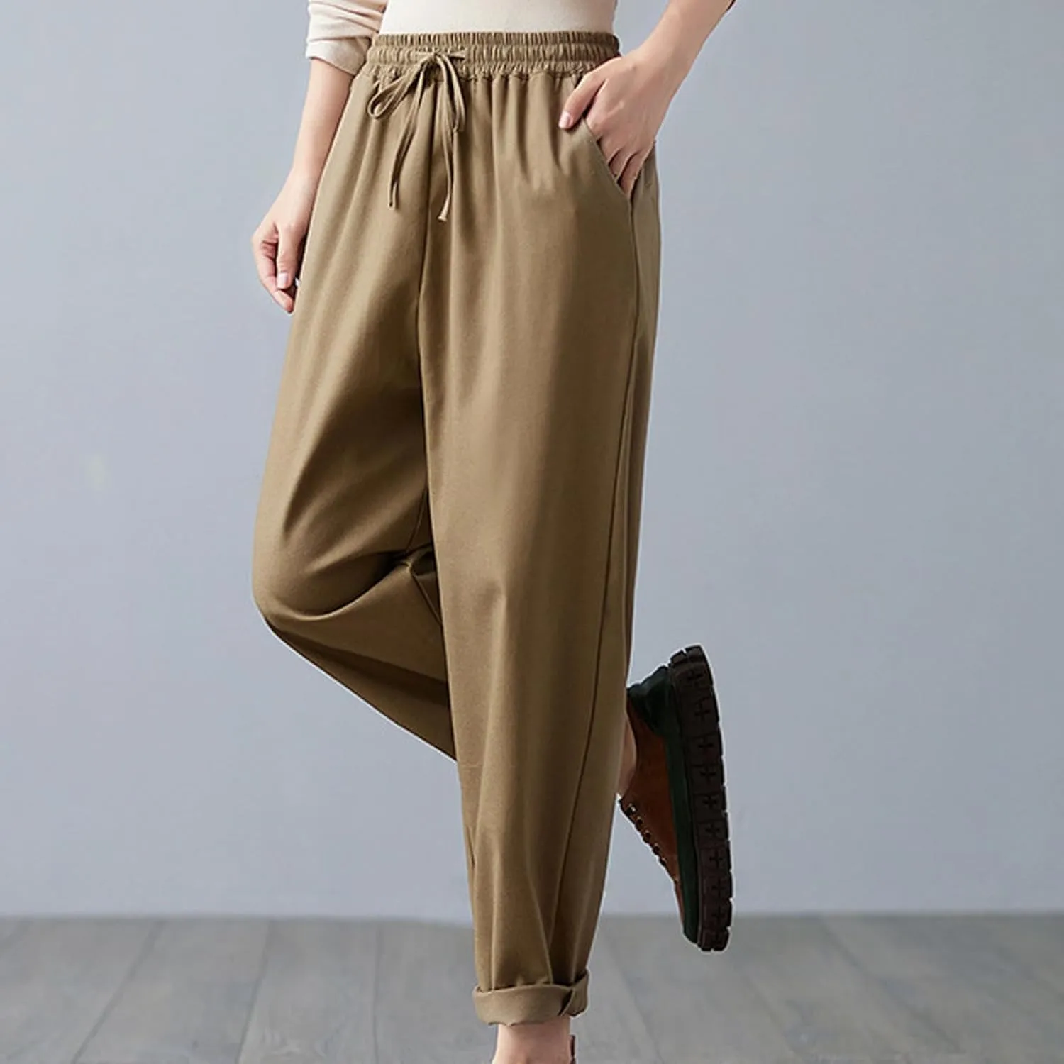 Women High Waisted Pants Linen Wide Leg Pants Elastic Waist Drawstring Casual Pant Summer Lounge Trousers