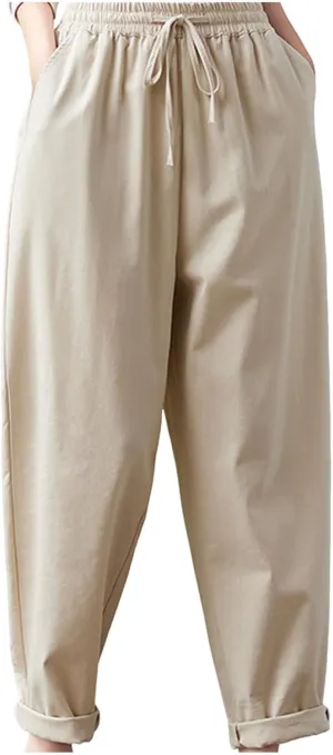 Women High Waisted Pants Linen Wide Leg Pants Elastic Waist Drawstring Casual Pant Summer Lounge Trousers