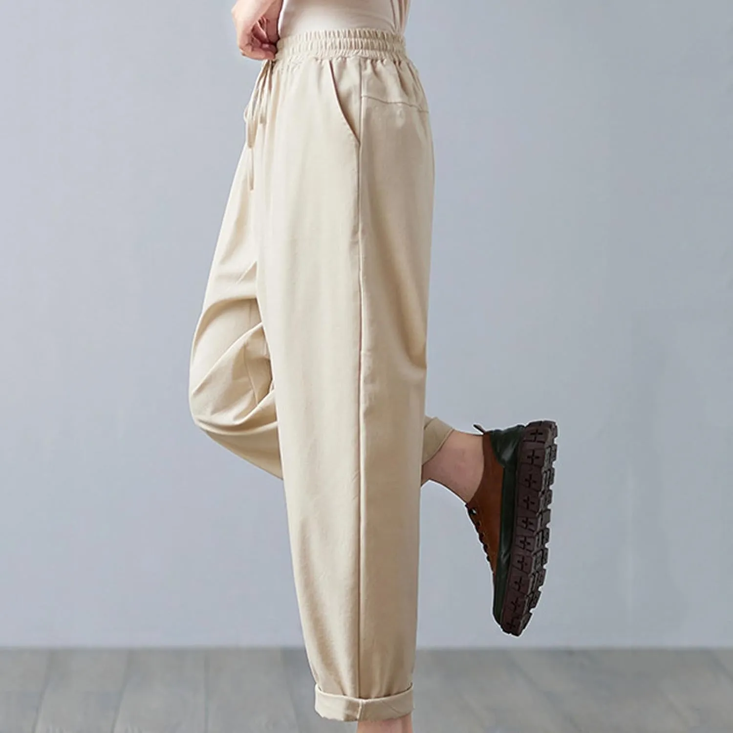 Women High Waisted Pants Linen Wide Leg Pants Elastic Waist Drawstring Casual Pant Summer Lounge Trousers