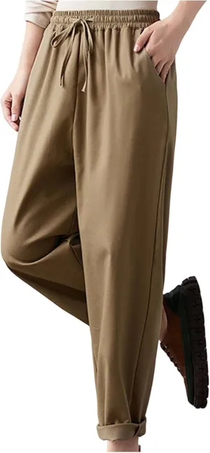 Women High Waisted Pants Linen Wide Leg Pants Elastic Waist Drawstring Casual Pant Summer Lounge Trousers