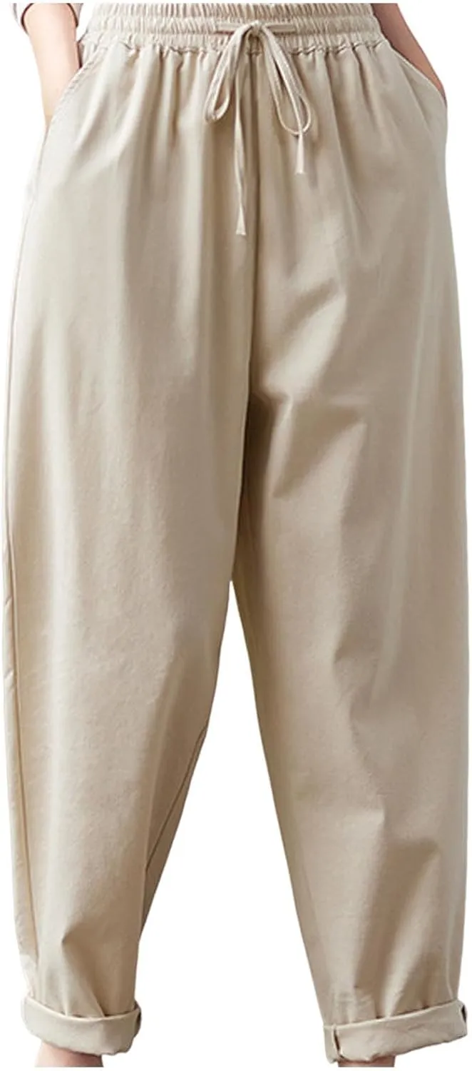 Women High Waisted Pants Linen Wide Leg Pants Elastic Waist Drawstring Casual Pant Summer Lounge Trousers