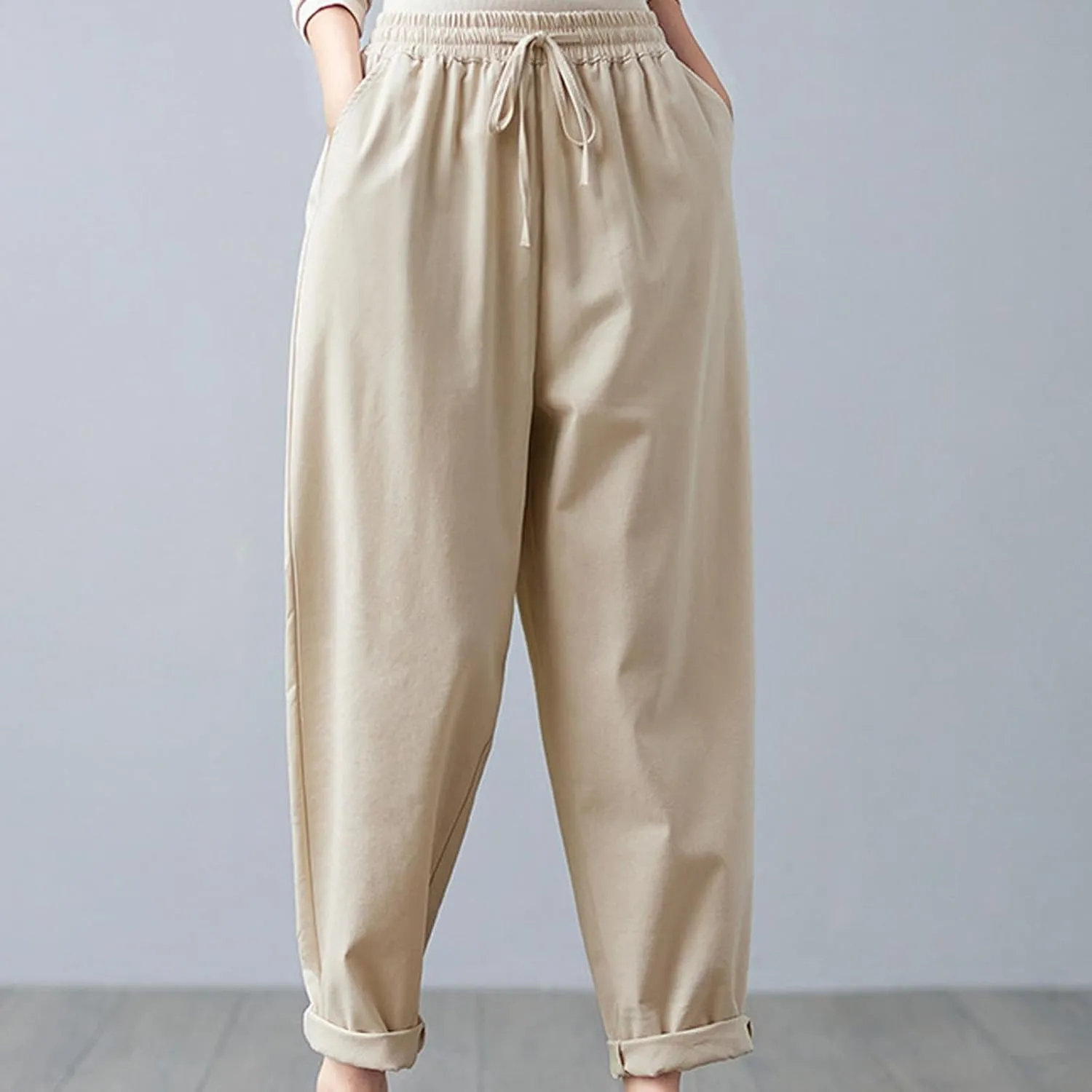 Women High Waisted Pants Linen Wide Leg Pants Elastic Waist Drawstring Casual Pant Summer Lounge Trousers
