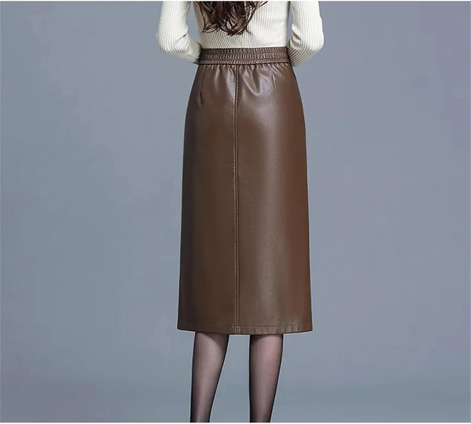 Women Leather Skirt Winter High Waist Straight Sheath Skirts Midi Skirt Casual Zip PU Slim Pencil Skirts