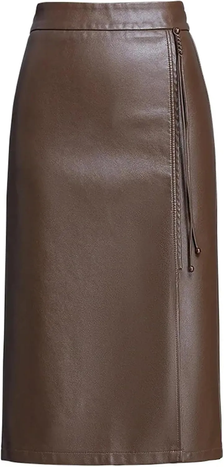 Women Leather Skirt Winter High Waist Straight Sheath Skirts Midi Skirt Casual Zip PU Slim Pencil Skirts