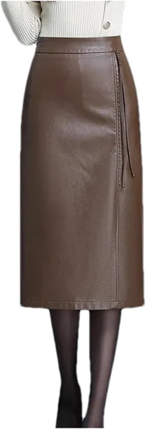 Women Leather Skirt Winter High Waist Straight Sheath Skirts Midi Skirt Casual Zip PU Slim Pencil Skirts