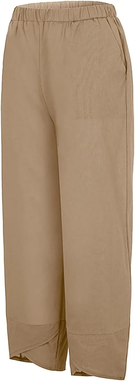 Women Linen Blend Summer Y2K Fashion Palazzo Pants High Waist Straight Slim-Fit Pant Trousers Work Business