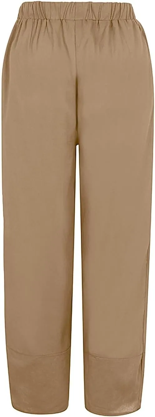 Women Linen Blend Summer Y2K Fashion Palazzo Pants High Waist Straight Slim-Fit Pant Trousers Work Business