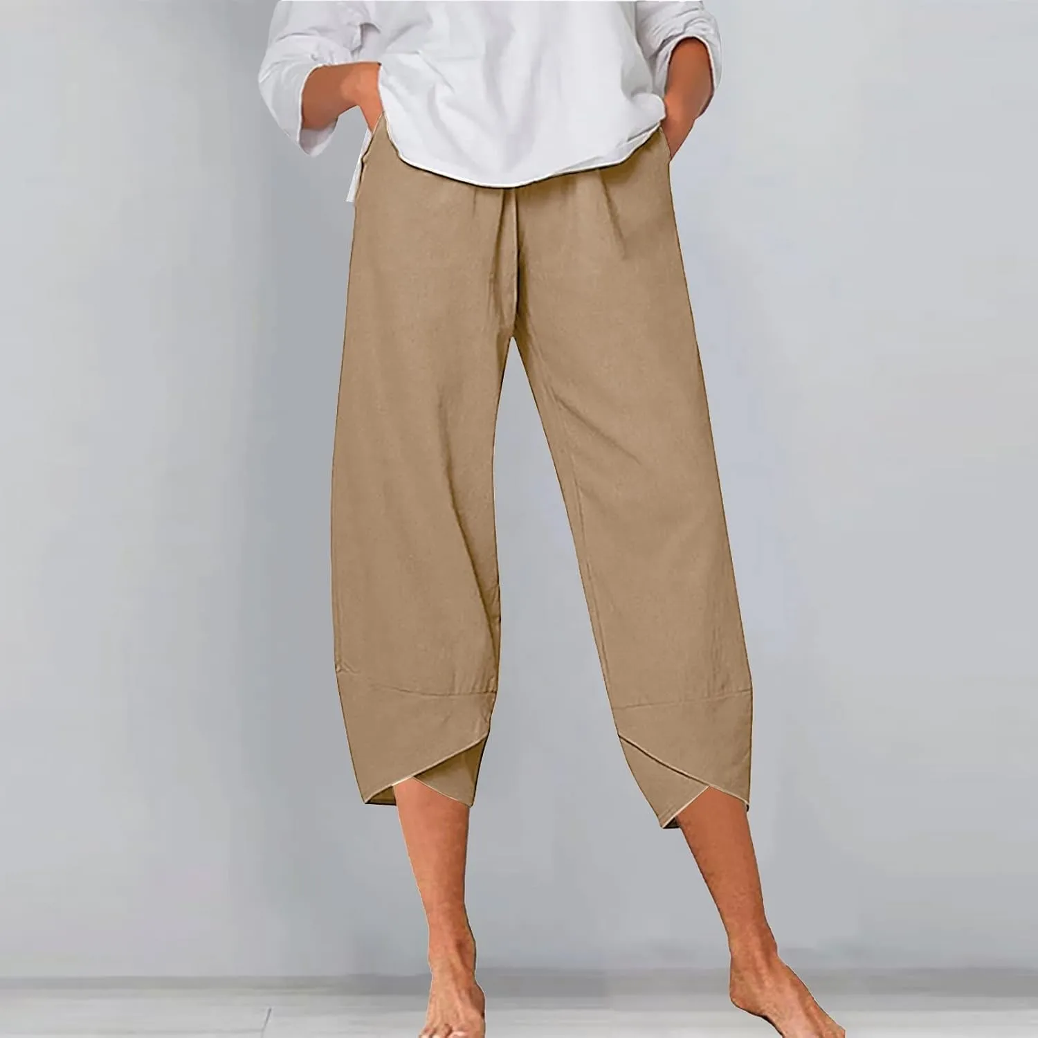 Women Linen Blend Summer Y2K Fashion Palazzo Pants High Waist Straight Slim-Fit Pant Trousers Work Business