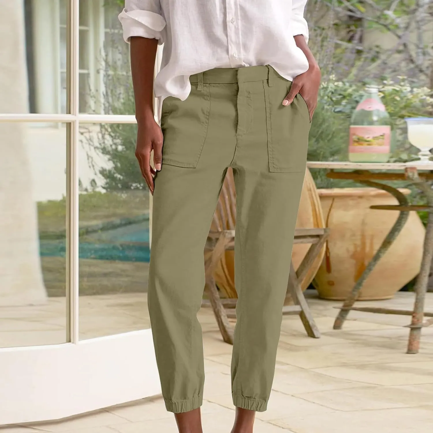 Women Linen Capris Pants 2025 Summer Casual Pant Vacation Bermuda Pants Palazzo Trousers with Pockets