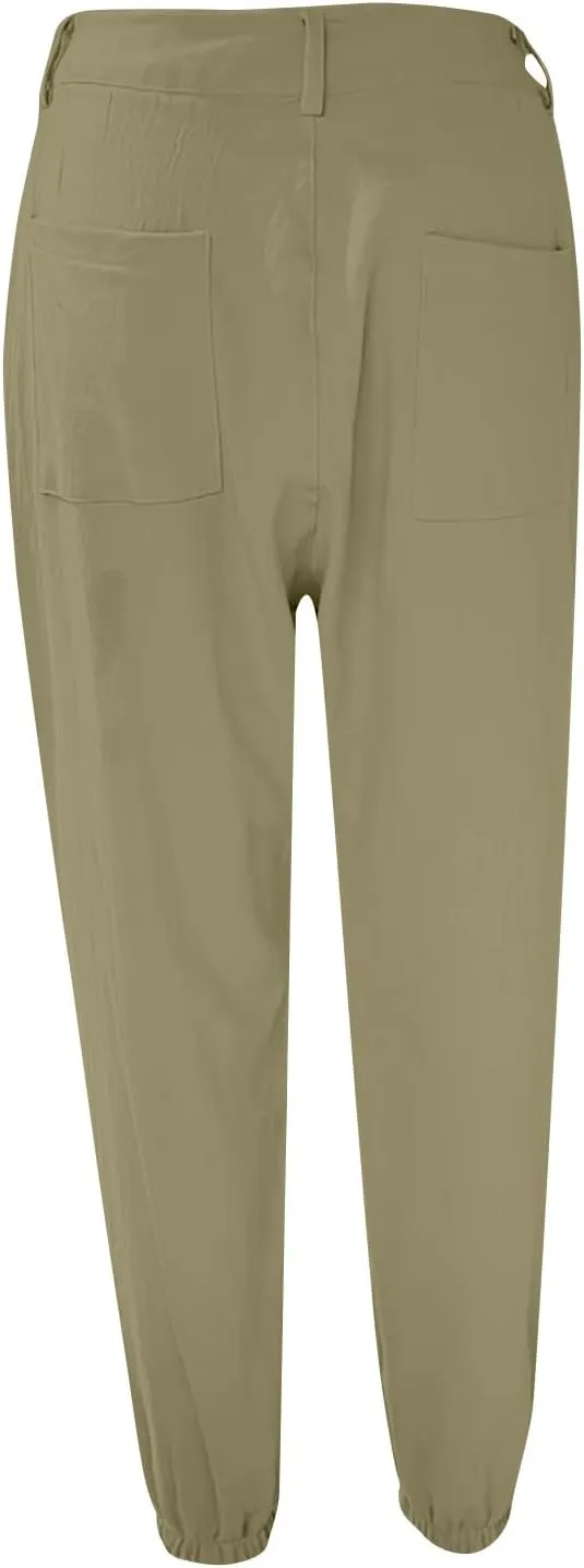 Women Linen Capris Pants 2025 Summer Casual Pant Vacation Bermuda Pants Palazzo Trousers with Pockets