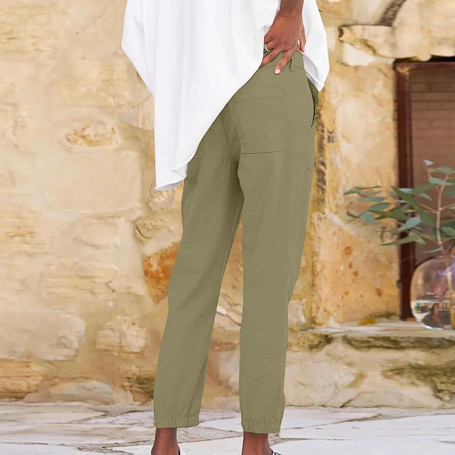 Women Linen Capris Pants 2025 Summer Casual Pant Vacation Bermuda Pants Palazzo Trousers with Pockets