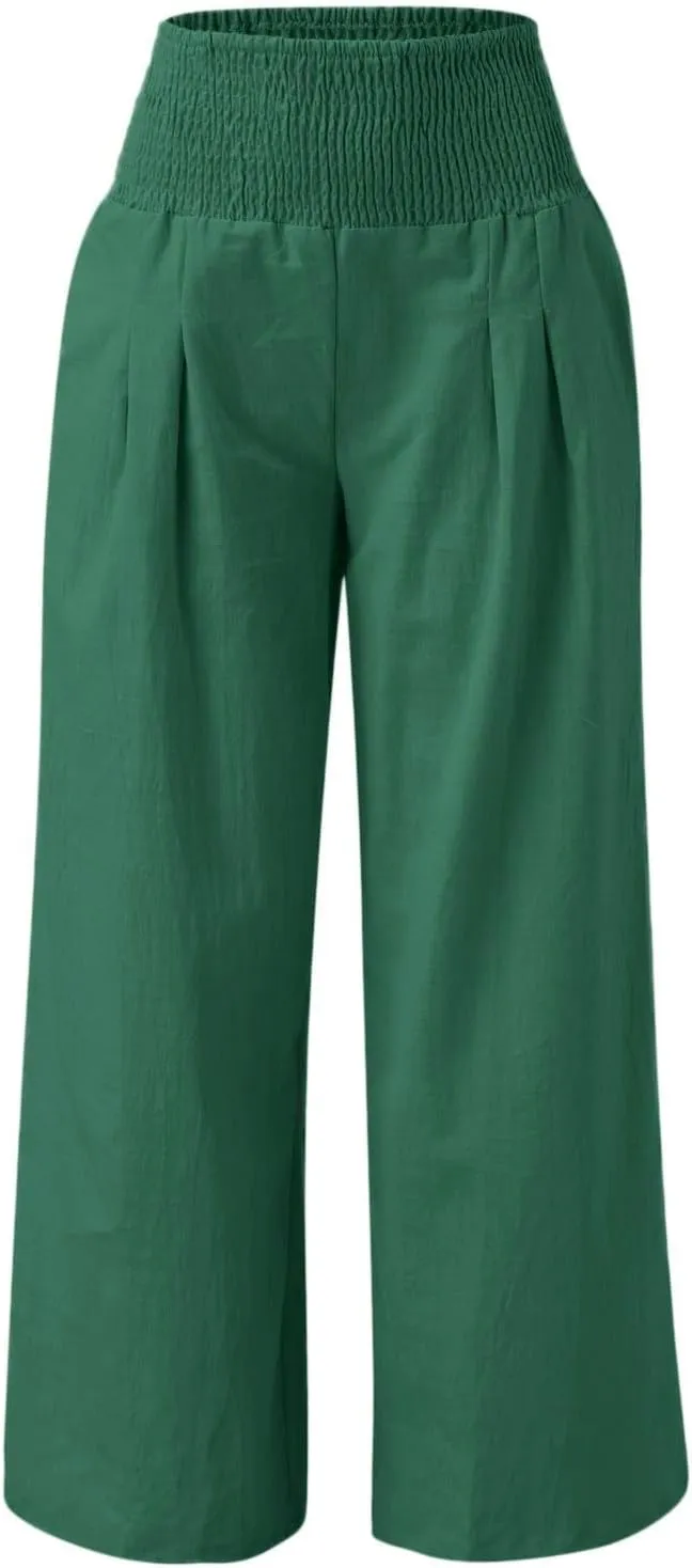 Women Linen Palazzo Pants Boho Wide Leg Casual Pants Lounge Trousers High Waist Straight Leg Comfy Pants with Pocket